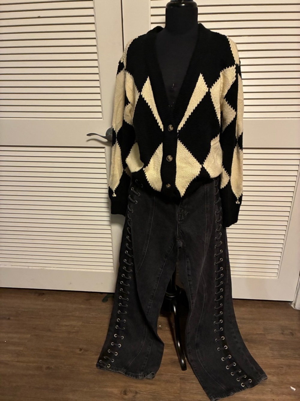 Motel Rocks Black and Cream Diamond Knit Cardigan. Over size , Preloved